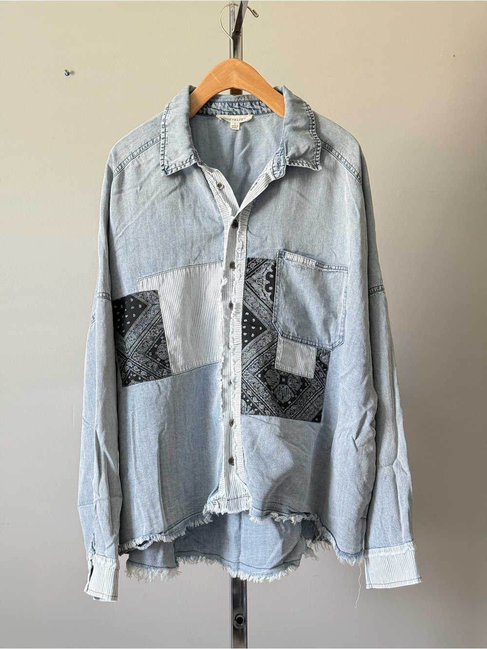 Blue Velvet Patchwork Bandana Oversized Denim Button Down Shacket Jacket L Large